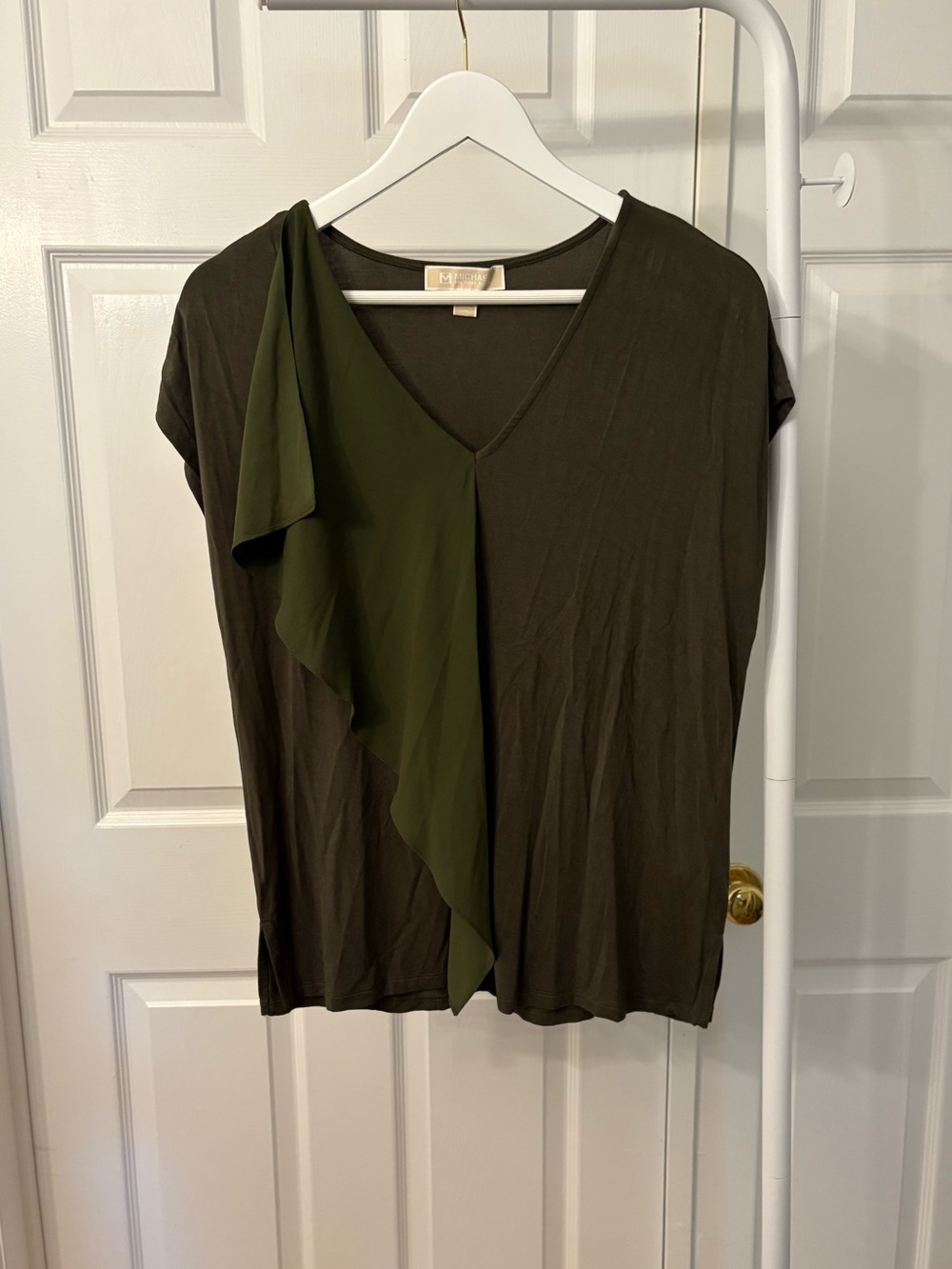 Michael Kors Olive Green V-Neck Ruffle-Accent Blouse Cap Sleeves Size Small